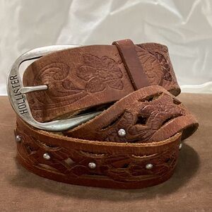 Hollister Studded Brown Leather Belt Silver Buckle LARGE